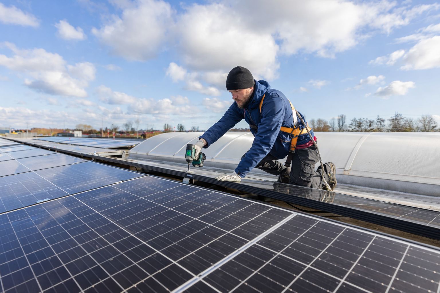 Fachkraft installiert Photovoltaikmodule auf einem Gewerbedach in Düsseldorf